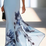 Light Blue Satin Ink Painting Print Off-shoulder Maxi Dress