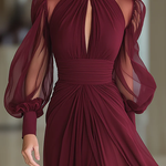 Burgundy High-necked Tulle Pleated Slit Maxi Dress