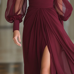 Burgundy High-necked Tulle Pleated Slit Maxi Dress