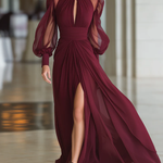 Burgundy High-necked Tulle Pleated Slit Maxi Dress