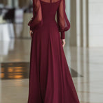 Burgundy High-necked Tulle Pleated Slit Maxi Dress