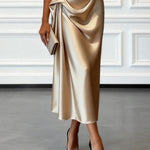 Champagne Satin One-shoulder Sleeveless Ruffled Midi Dress