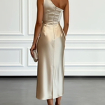 Champagne Satin One-shoulder Sleeveless Ruffled Midi Dress