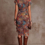 Martina™ | Midi Pleated Dress with V-Neck, Abstract Artistic Print in Bohemian Style
