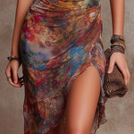 Martina™ | Midi Pleated Dress with V-Neck, Abstract Artistic Print in Bohemian Style