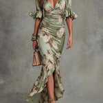 Delphine™ | Asymmetric Long Satin Dress, Puff Sleeves