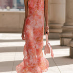 Pink Floral Print Halter-neck Chiffon Maxi Dress