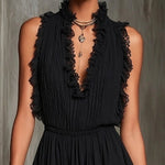 Flaminia | Black pleated playsuit with V-neck and lace edges