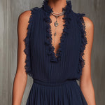 Séraphine | Pleated Striped Satin Jumpsuit in Navy Blue