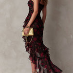 Chic Black And Red Floral Ruched Ruffle Hem Dress