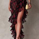 Chic Black And Red Floral Ruched Ruffle Hem Dress