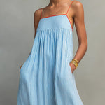 Blue And Red Trim Striped Maxi Dress With Spaghetti Straps