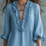 Anita | Sky Blue Boho Maxi Dress with V-Neck and Ruffles