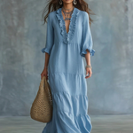 Anita | Sky Blue Boho Maxi Dress with V-Neck and Ruffles
