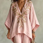 Marianna | Pink suit with embroidered cape top and wide-leg pants