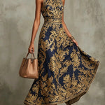 Navy Blue And Gold Baroque Print Halter Neck Sleeveless Maxi Dress