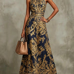 Navy Blue And Gold Baroque Print Halter Neck Sleeveless Maxi Dress