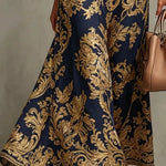 Navy Blue And Gold Baroque Print Halter Neck Sleeveless Maxi Dress