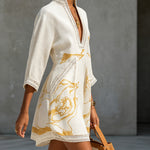 Black Gold Printed V-neck Crochet Lace Mini Dress
