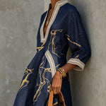 Navy Gold Printed V-neck Crochet Lace Mini Dress