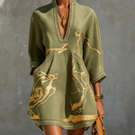 Black Gold Printed V-neck Crochet Lace Mini Dress