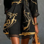 Black Gold Printed V-neck Crochet Lace Mini Dress