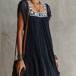 Navy Blue Floral Embroidered Pleated Chiffon Mini Dress