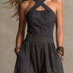 Boho Charcoal Crisscross Halter Pinstripe Wide-Leg Jumpsuit