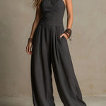 Boho Charcoal Crisscross Halter Pinstripe Wide-Leg Jumpsuit