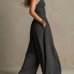 Boho Charcoal Crisscross Halter Pinstripe Wide-Leg Jumpsuit
