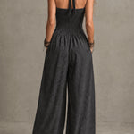 Boho Charcoal Crisscross Halter Pinstripe Wide-Leg Jumpsuit