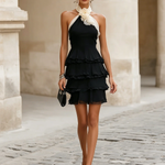 Nancy | Black layered mini dress in chiffon with floral pattern and halterneck neckline
