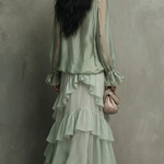 Mint Green Chiffon Ruffled Top Paired With A Layered Skirt Set