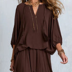 Brown Chiffon Tassel Drawstring V-neck Top Paired With A Ruffled Layered Skirt Set