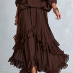 Ondine | Brown Chiffon Top with Fringes and Flared Skirt