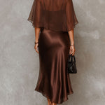 Brown Chiffon Blouse And Satin Midi Dress Two-piece Set