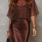 Brown Chiffon Blouse And Satin Midi Dress Two-piece Set