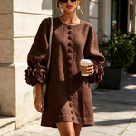 Chocolate Brown Floral Button-down Mini Dress With Striking Floral Cuffs