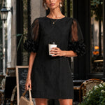 Black Sheer Puff-Sleeve Mini Dress with Striking Floral Cuffs