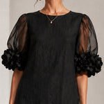 Black Sheer Puff-Sleeve Mini Dress with Striking Floral Cuffs
