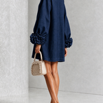 Navy Long Sleeve Floral Button-Down Mini Dress with Striking Floral Cuffs