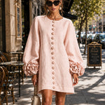 Pink Long Sleeve Floral Button-Down Mini Dress with Striking Floral Cuffs