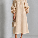 Beige Floral Button-down Midi Dress With Striking Floral Cuffs