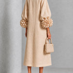 Beige Floral Button-down Midi Dress With Striking Floral Cuffs