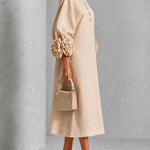 Beige Floral Button-down Midi Dress With Striking Floral Cuffs