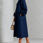 Navy Floral Button-down Midi Dress With Striking Floral Cuffs