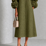 Olive Floral Button-Down Midi Dress with Striking Floral Cuffs