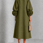 Olive Floral Button-Down Midi Dress with Striking Floral Cuffs