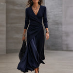 Navy V-neck Ribbed Asymmetrical Wrap Maxi Dress Set With Satin Paneling