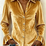 Velvet Button-Front Long-Sleeve Ruffled Shirt